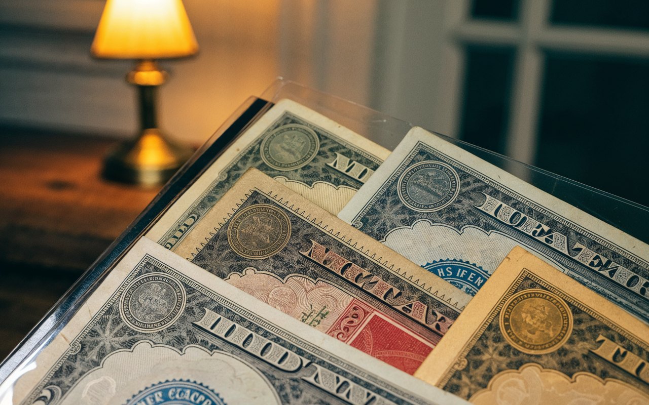 Vintage U.S. paper money fanned out on a desk under lamplight