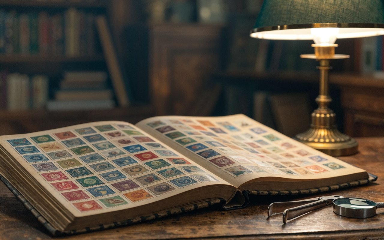 An open stamp album filled with colorful stamps on a library desk