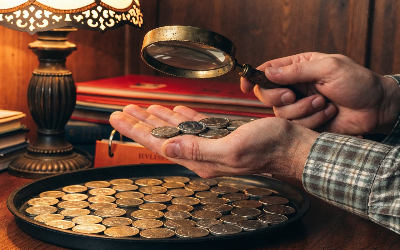 A collector examining a handful of coins with a magnifying glass over a tray of coins