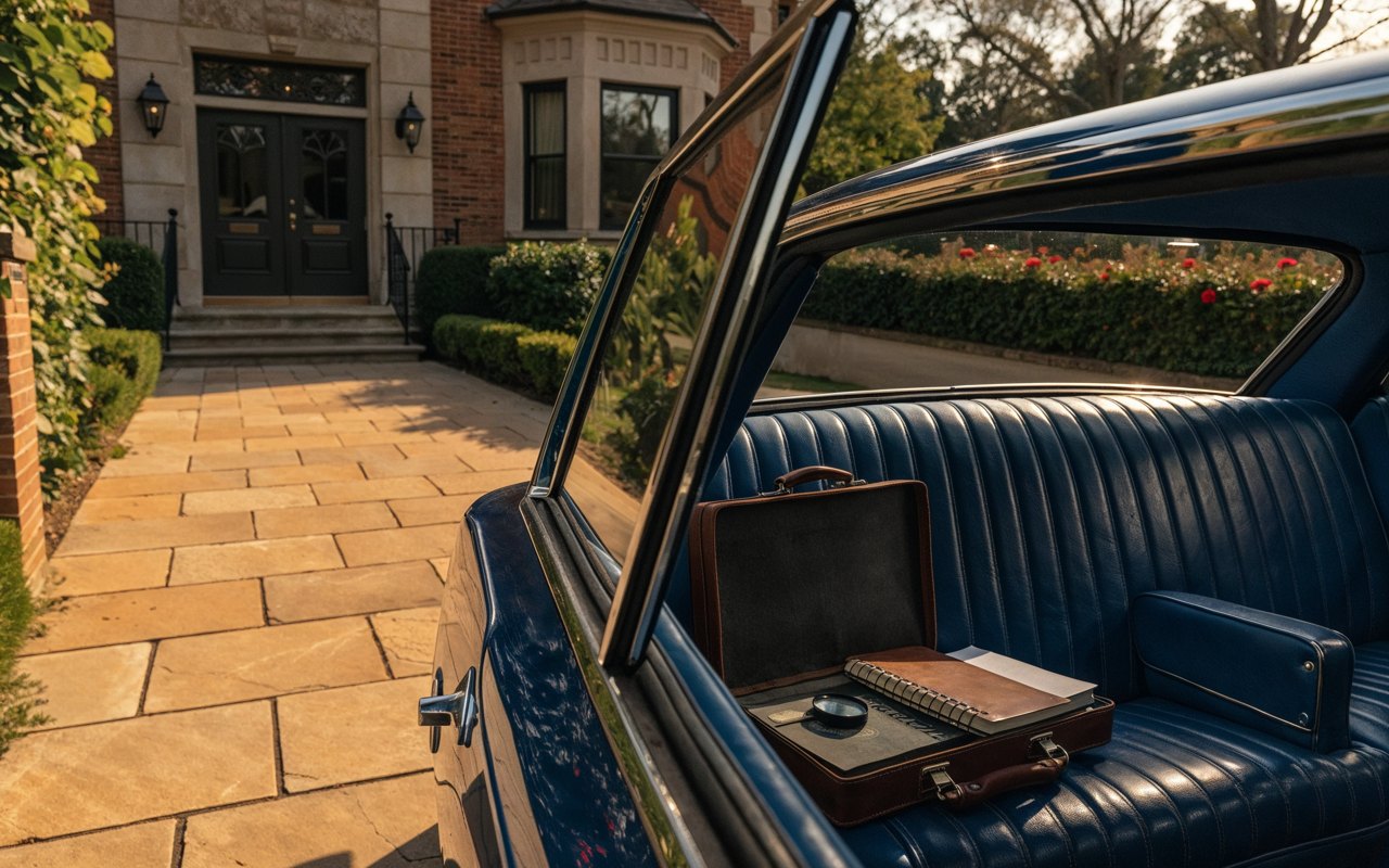 An open briefcase with a ledger and magnifying glass on the back seat of a classic car parked outside a home