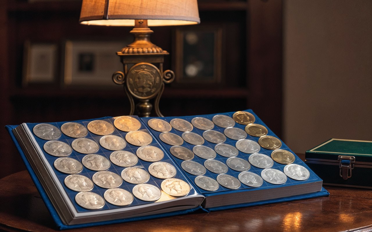 An open album of silver dollars on a wooden desk beneath a brass lamp