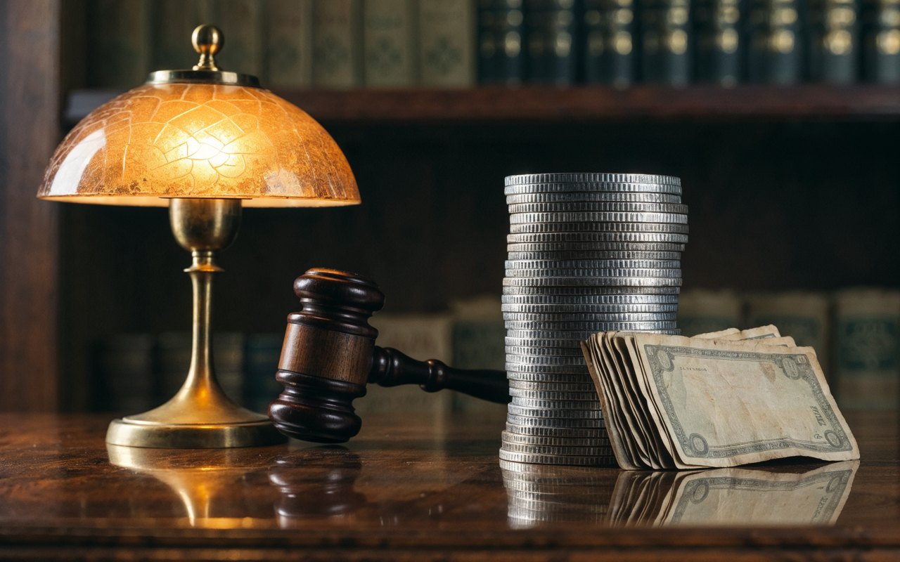 A brass lamp, an auction gavel, a stack of silver coins, and vintage paper money on a polished desk