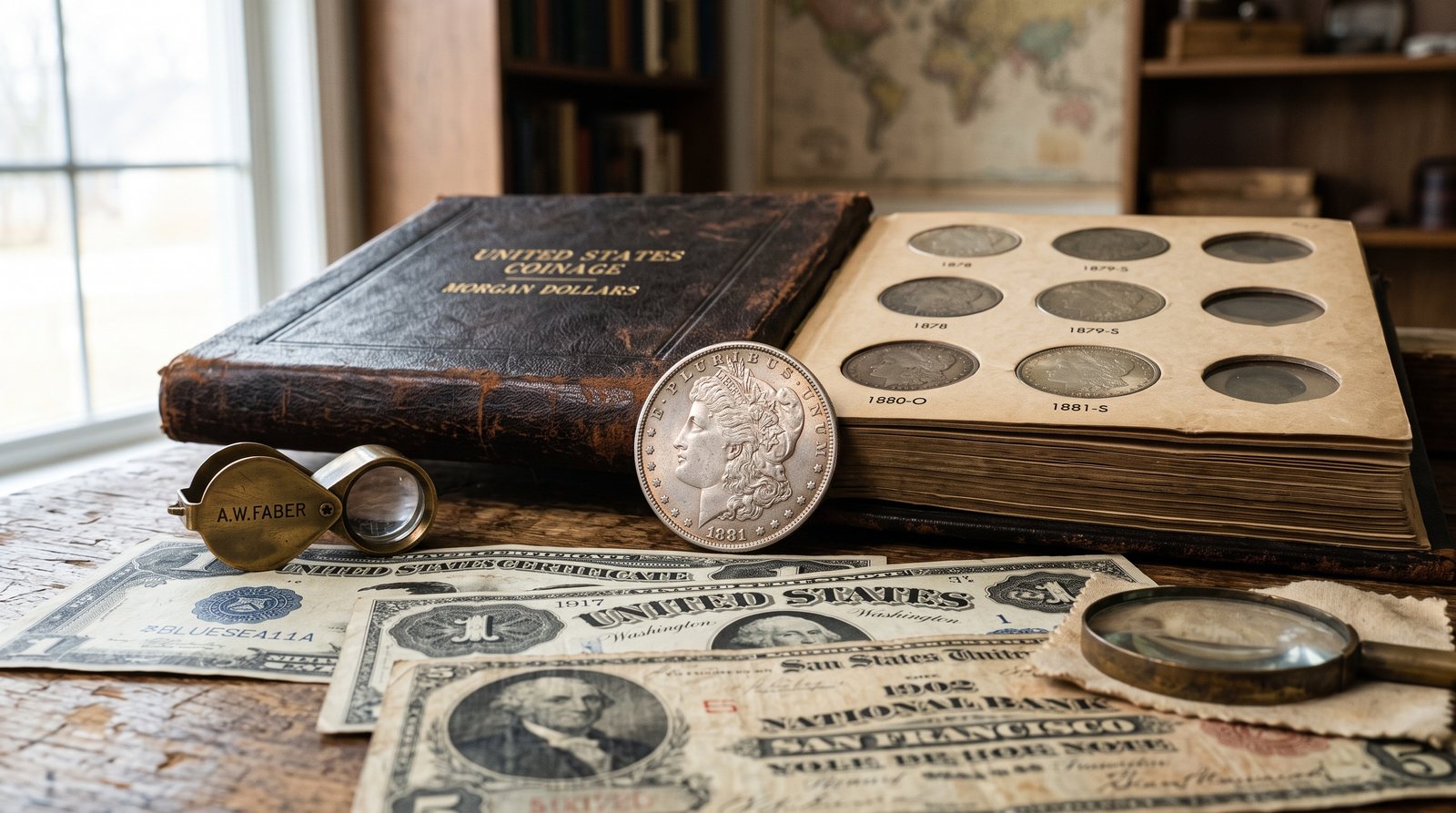 1881 Morgan Silver Dollar next to a vintage coin album, paper money, and a jeweler's loupe
